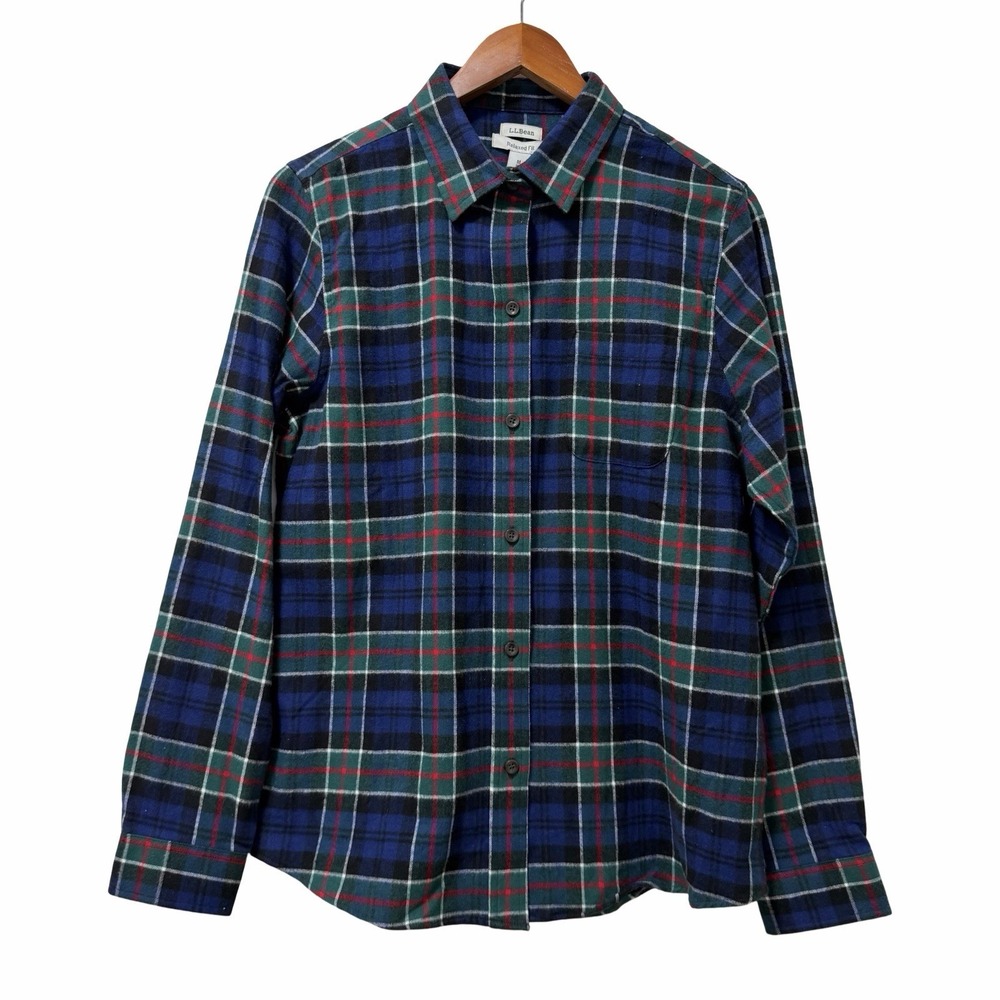 LL Bean Womens Scotch Plaid Relaxed Fit Flannel Button Up Shirt Size M Blue NEW